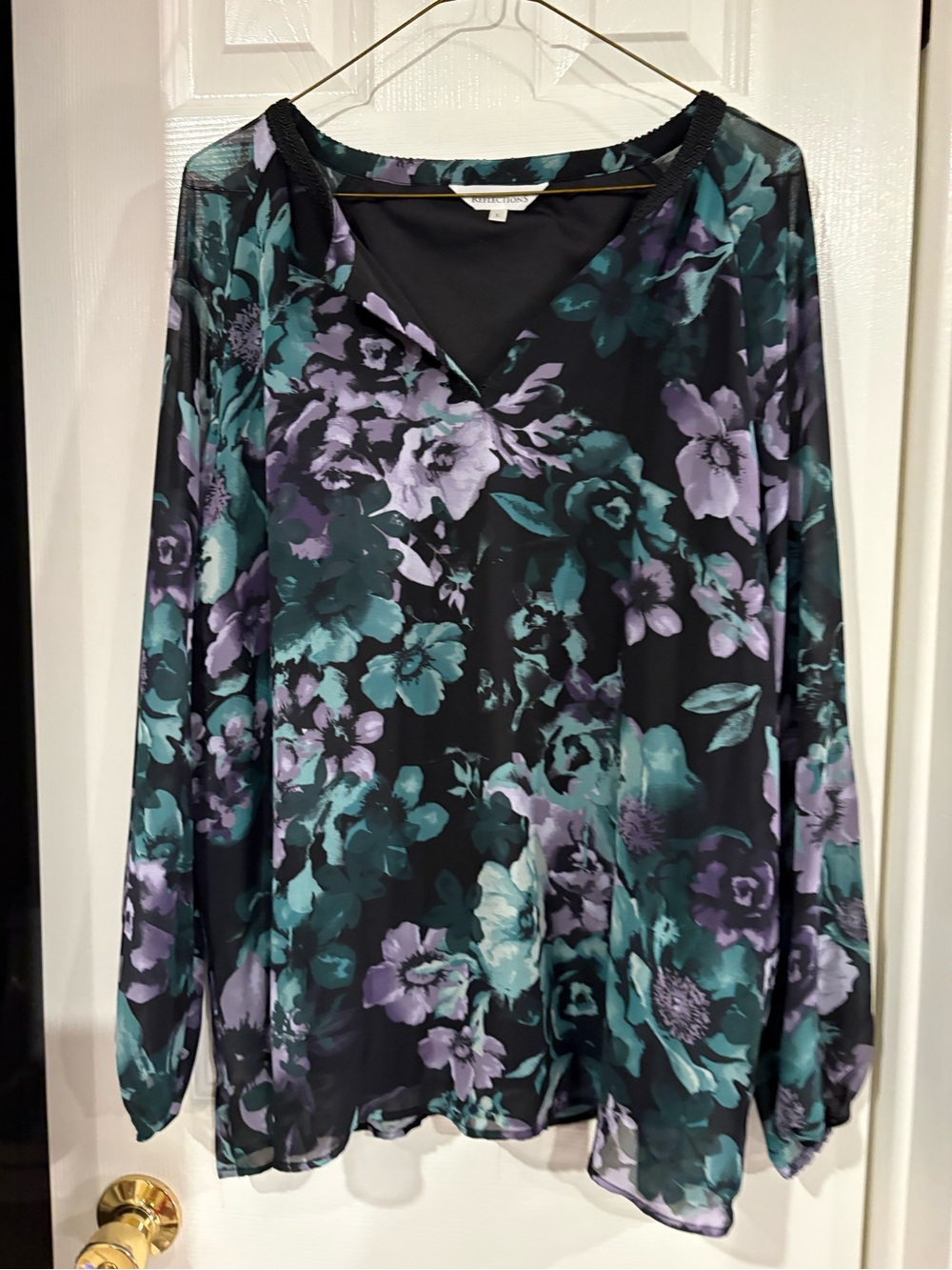Reflections Black V-Neck Floral Blouse with Teal & Lavender